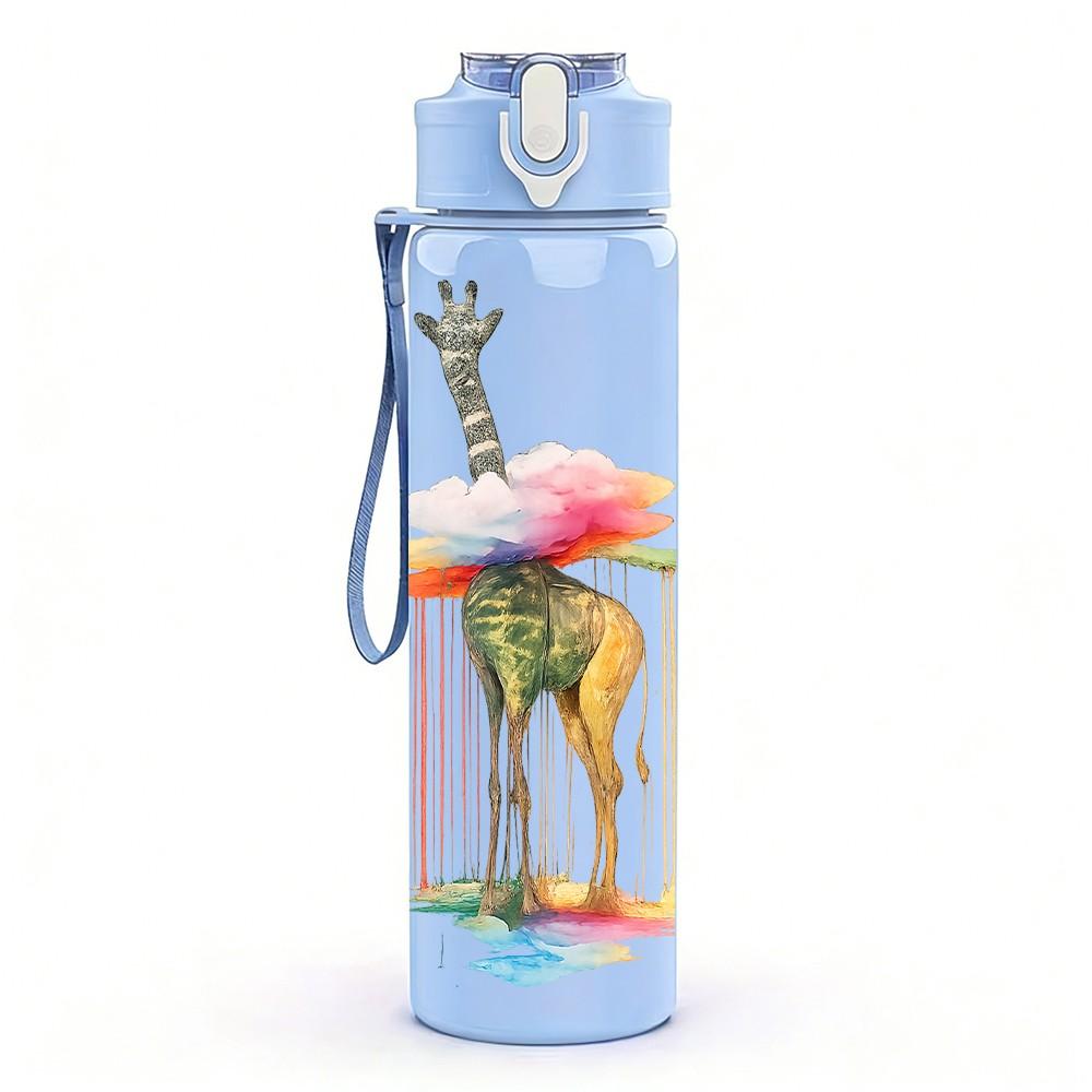 1PC Giraffe Watercolor Animal Print 750ml Color Plastic Sports Water Bottle Leakproof Flip Straw Lid Suitable for Sports Office Home Use