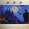 Horror Halloween Background Cloth - Gothic Castle  Full Moon  Flying Bat  Jack Pumpkin Lantern - No Electricity Required