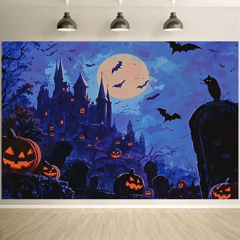 Horror Halloween Background Cloth - Gothic Castle  Full Moon  Flying Bat  Jack Pumpkin Lantern - No Electricity Required
