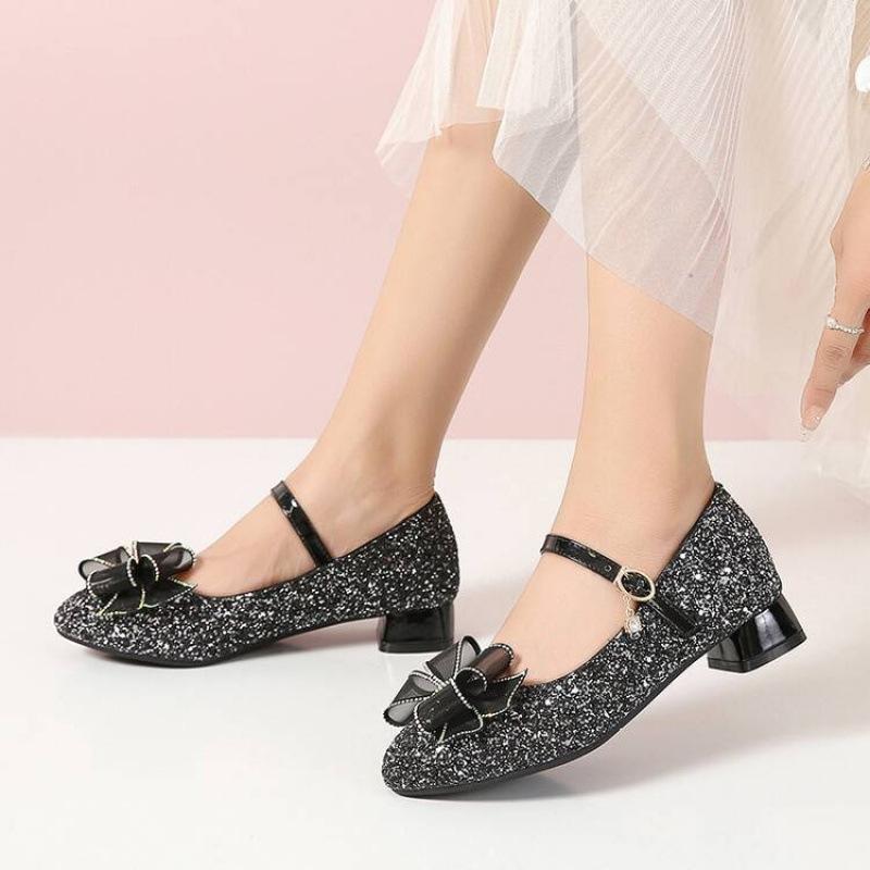 New Middle-aged Children's Soft Leather Princess Shoes Comfortable Sequins Buckle Girl Student Bow Show Catwalk Children's Single Shoes
