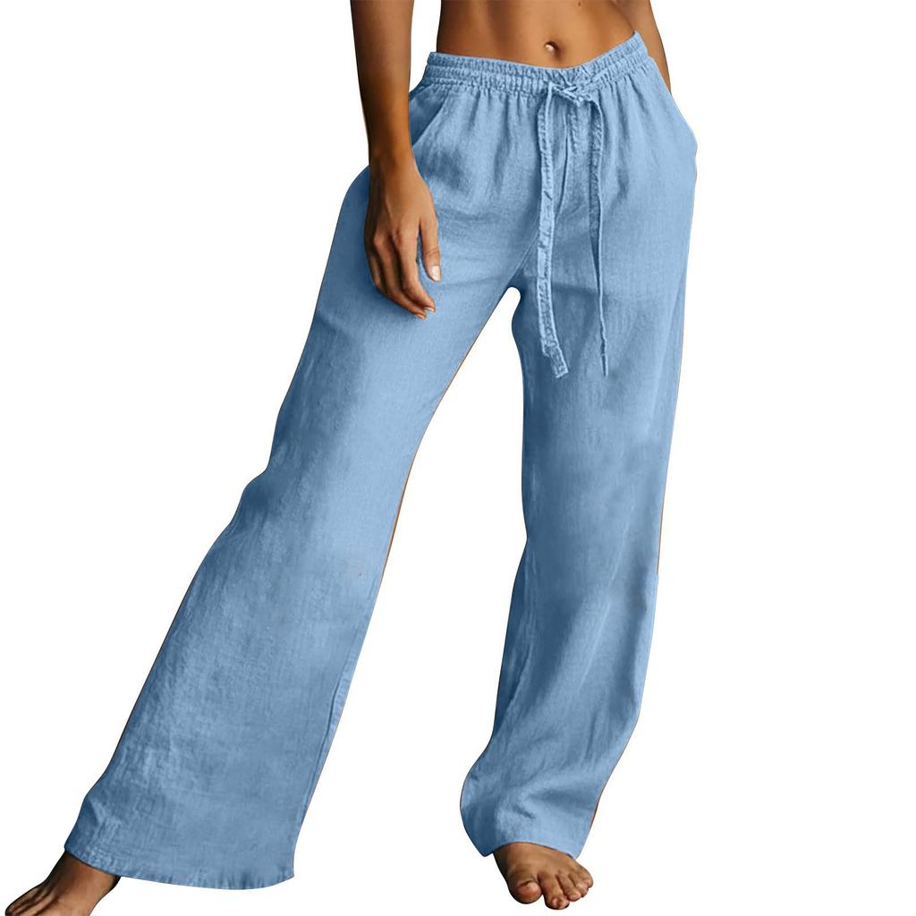 Women Elastic High Waist Pant Casual Fit Wide Leg Long Pants Trousers With Pockets