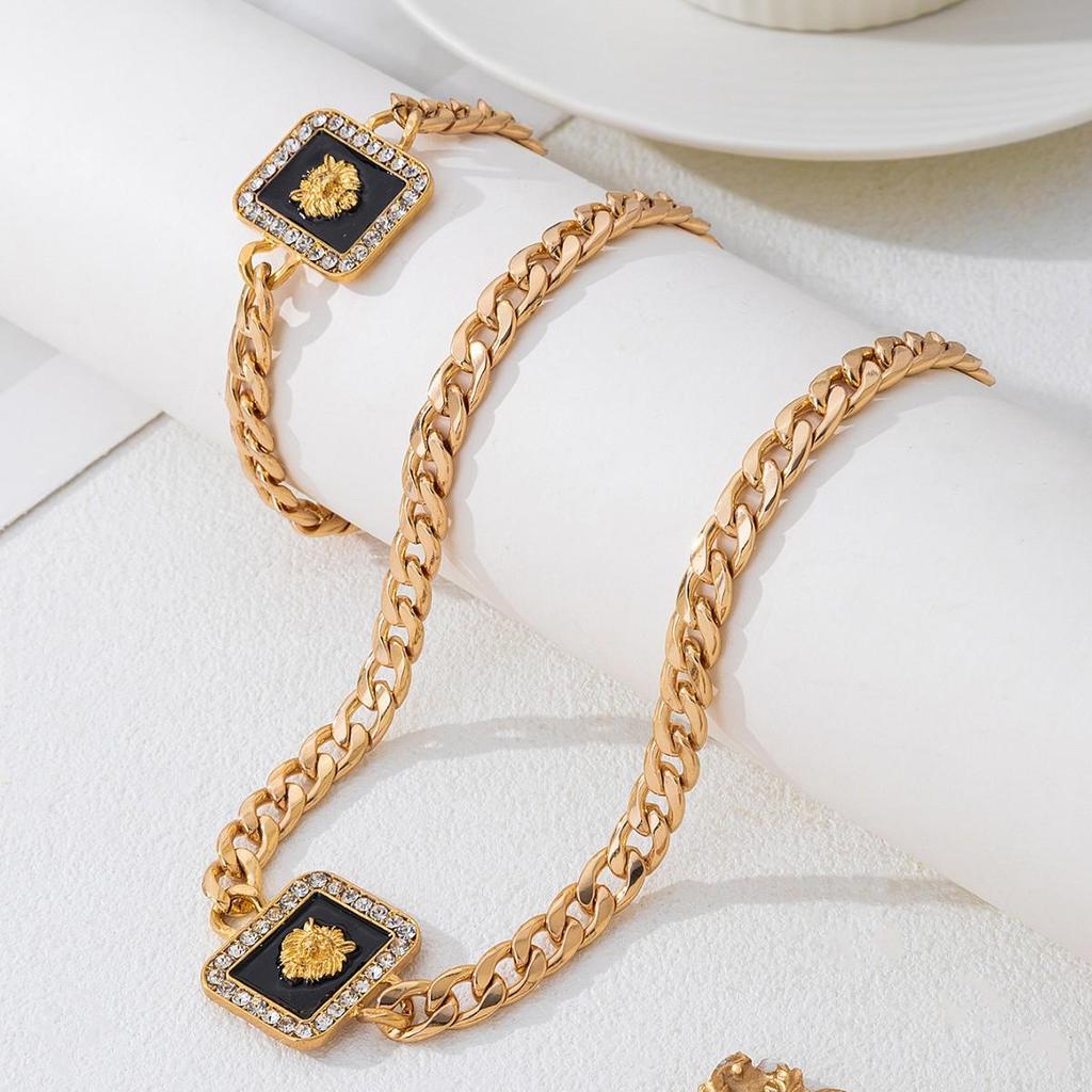 Luxury Lion Head Necklace & Bracelet Set: Rhinestone-Embellished Alloy Chain with Square Pendant for Women