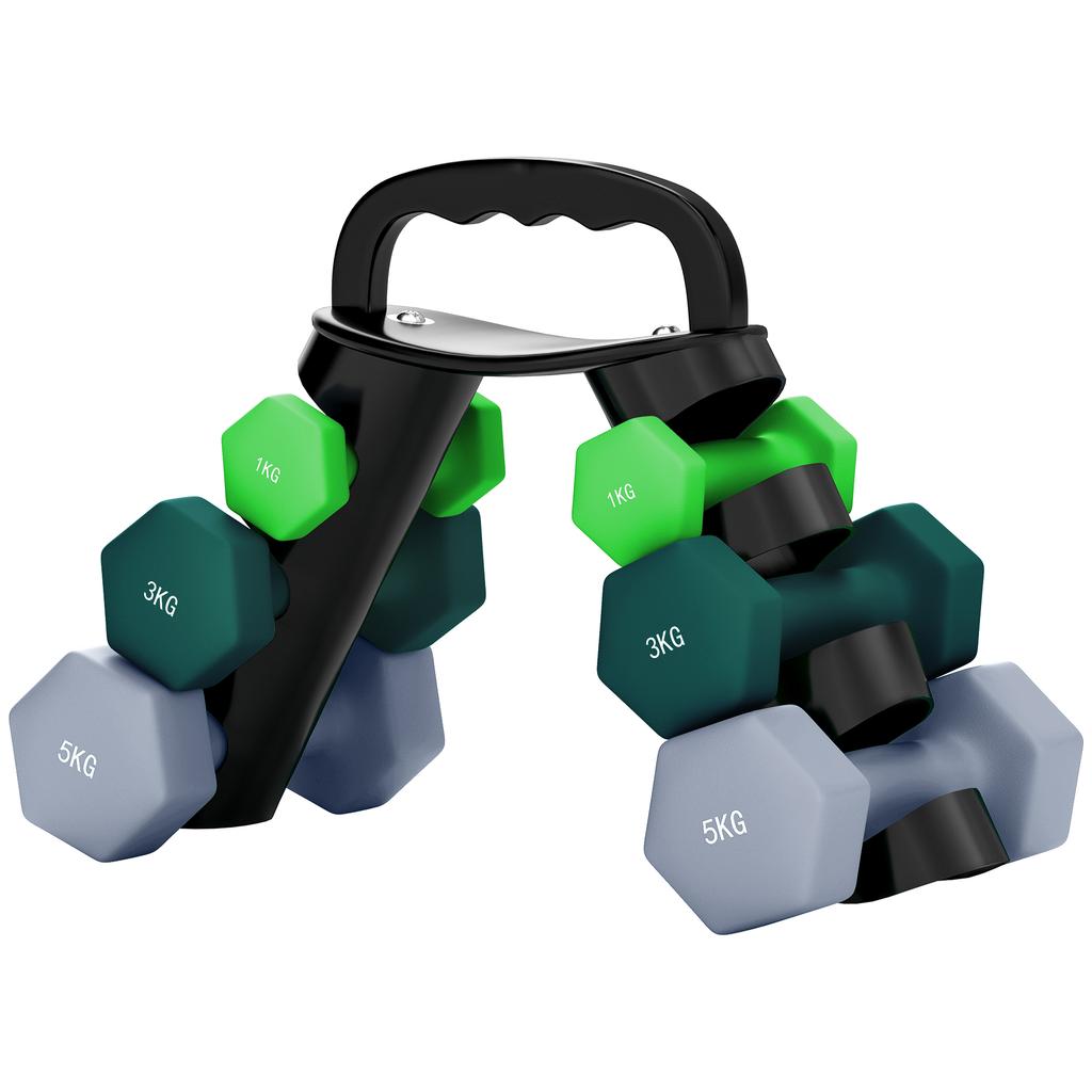 Dumbbells Set with Storage Rack, 2 x 1kg, 2 x 3kg, 2 x 5kg, Green