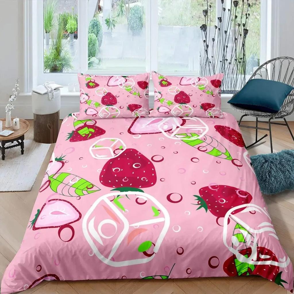 Strawberry Duvet Cover Set Girl King Size Comforter Cover Set Red Strawberry Bedding Set Food Fruit Quilt Cover for Kids Gift