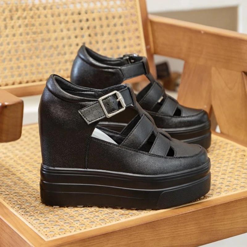 Mode 11CM Neue Damen Sandalen Bequeme Schuhe Schnalle Mode Sommer Runde Zehenpartie Plateau Keilabsatz Hohe Verdeckte Absätze Damen Atmungsaktiv