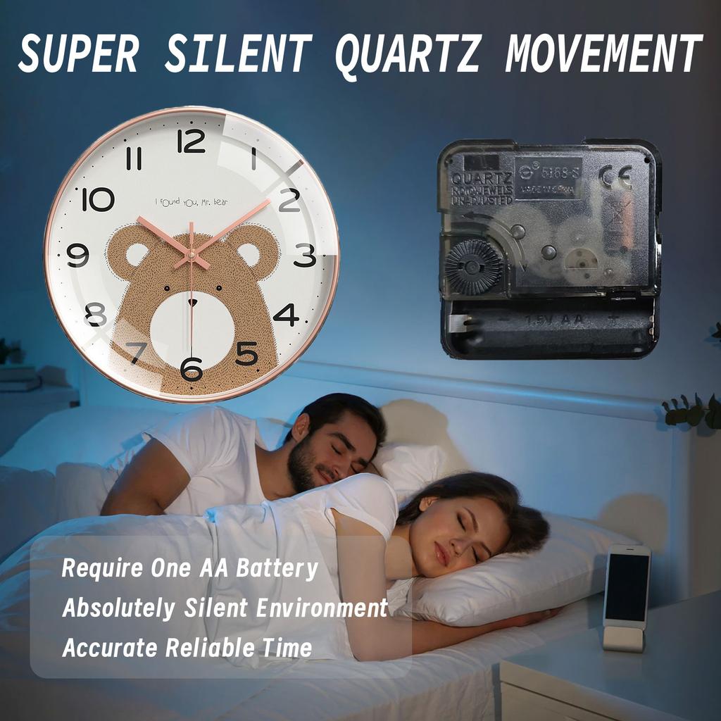 Jolie Horloge Murale Ours de Dessin Animé Silencieuse Art "Je T'ai Trouvé" Décoration de Maison Cadeau Créatif Pour Enfants