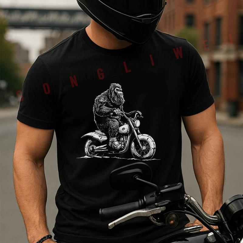 Bigfoot Riding A Motorcycle Bike Men's T-shirt Summer Cotton Short Sleeved Casual TShirt O-Neck