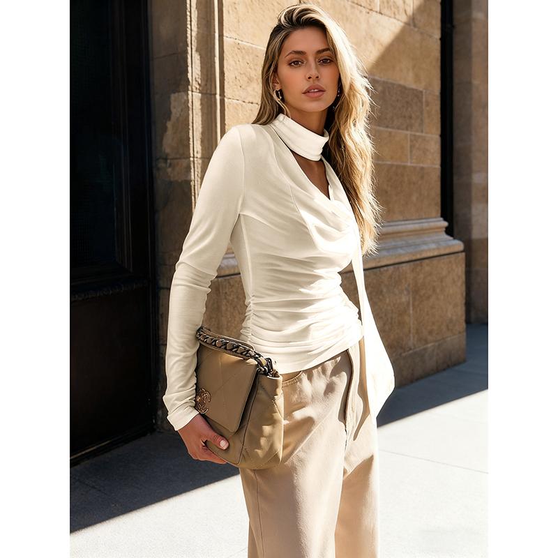 Jarní Nové Dámské Tričko Streetwear Móda Dlouhé Rukávy Bandážový Top Trička Jednobarevné Sexy Dámské Skládaný Univerzální Pletené Trička Oblečení