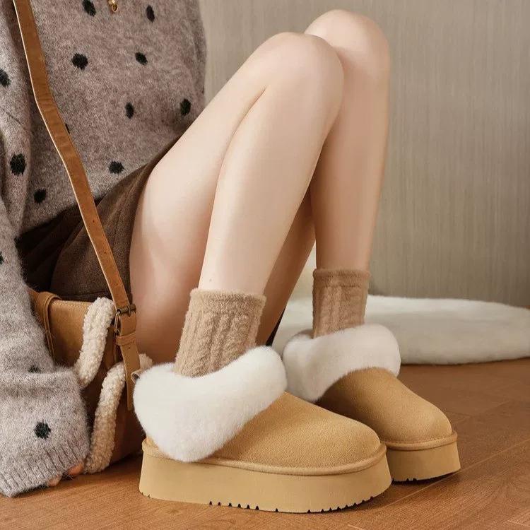 Low-top One-pedal Thick-soled Inner Height-increasing Snow Boots for Women's New Winter Outer Wear Warm Fluffy Bread Cotton Shoes