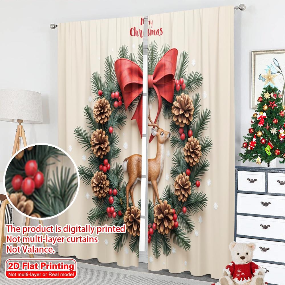 2pcs 2D Flat Printing Merry Christmas Drapes Merry Christmas Moose Wreath Polyester Without Electricity Festive Curtains Use for
