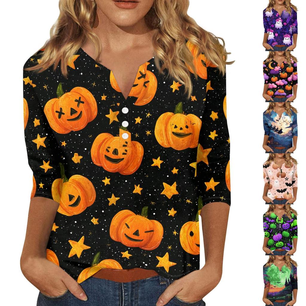 Women's Halloween Printed V-Neck Short Sleeve Tunic with Button and 3/4 Sleeves for Casual Fall Wear