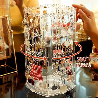 30*17*5cm1pc Transparent Four-sided 360-degree Rotary Jewelry Frame,earrings&ear Clip&necklace&bracelet Storage Display Rack.
