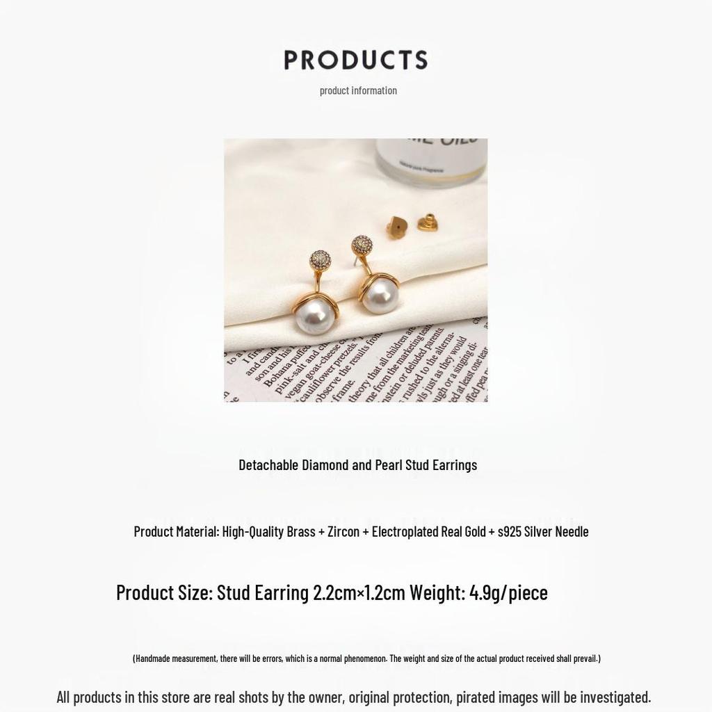 Stylish Socialite Diamond Stud and Pearl Drop Earrings, Detachable and Adjustable.