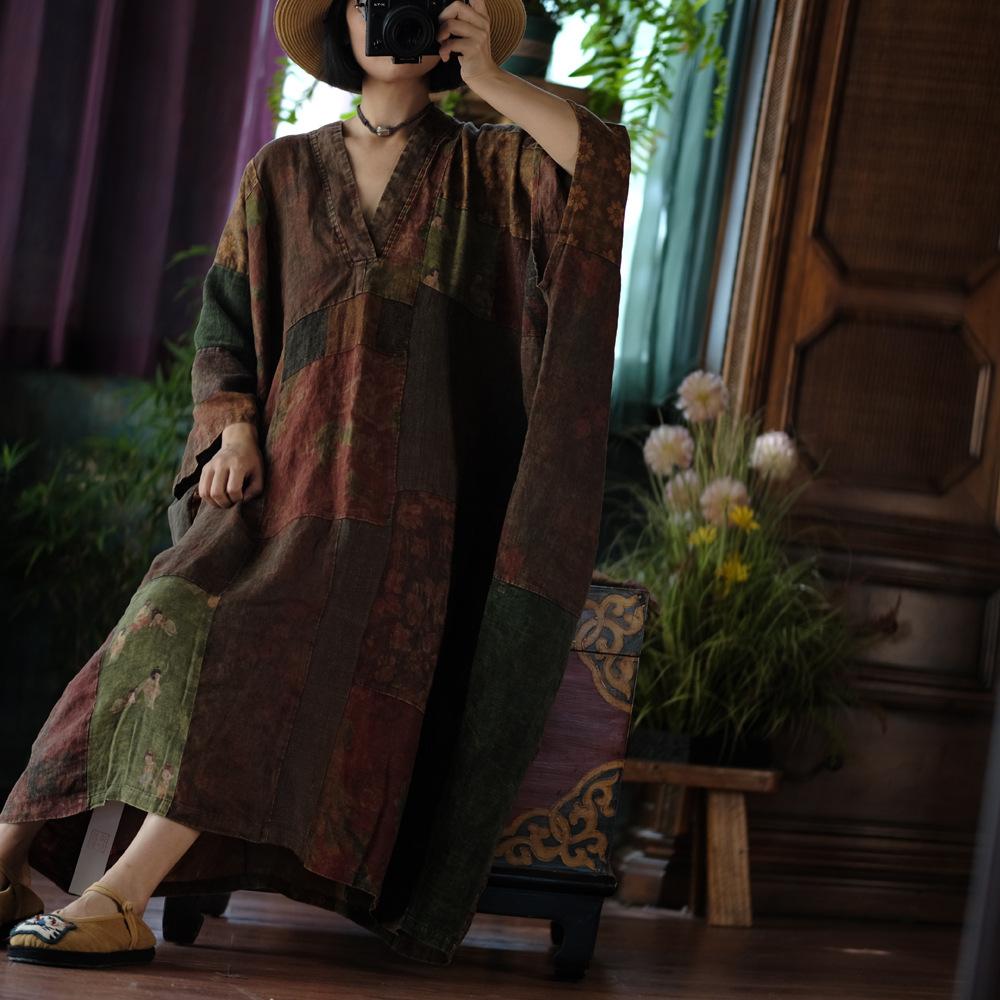 Johnature Dámské vintage šaty patchwork netopýří rukáv podzim V-výstřih volné čínský styl dámské šaty