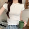 Right Shoulder Pink Short-sleeved Cotton T-shirt for Women Summer 2025 New Hot Girl Tight Design Short Small Stand-up Collar Inner Top
