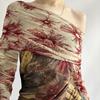 Plant Printed Retro Mesh Patchwork One Shoulder Short Top Sexy Contrasting Color Slim Fit Long Sleeved Shirt for Spicy Girls T-Shirts Women’s