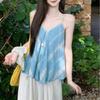Summer Blue Floral Beaded Camisole With Loose Fit For Womens Vacation Wear