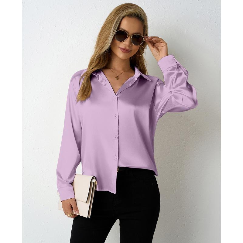 Women's Satin Shirt Simple V-neck Button Blouse Loose Long Sleeved Blouses & Shirts