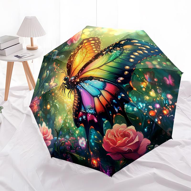1 PC Automatic Folding Umbrella - Butterfly Garden Pattern, Portable & Foldable Design with 8 Ribs, Christmas Birthday Gifts
