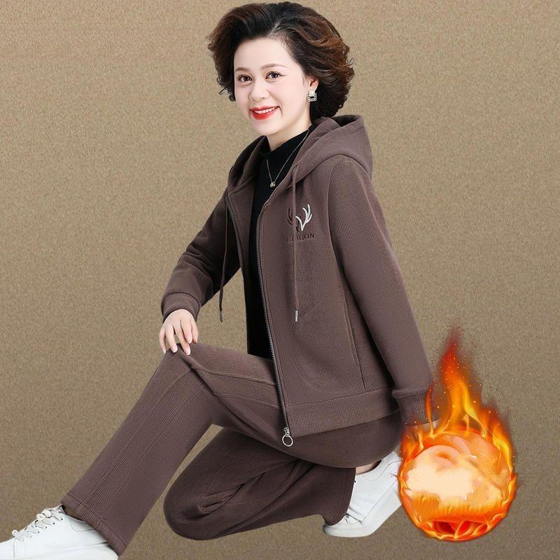 Plus Velvet Thick Jacket Casual Western Style Ladies Sweater Sportswear Suit Autumn and Winter Two-piece Suit