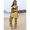 Women's Beach Patchwork Sexy Deep V Lace Up Top Micro Flared Pants Two Piece Set