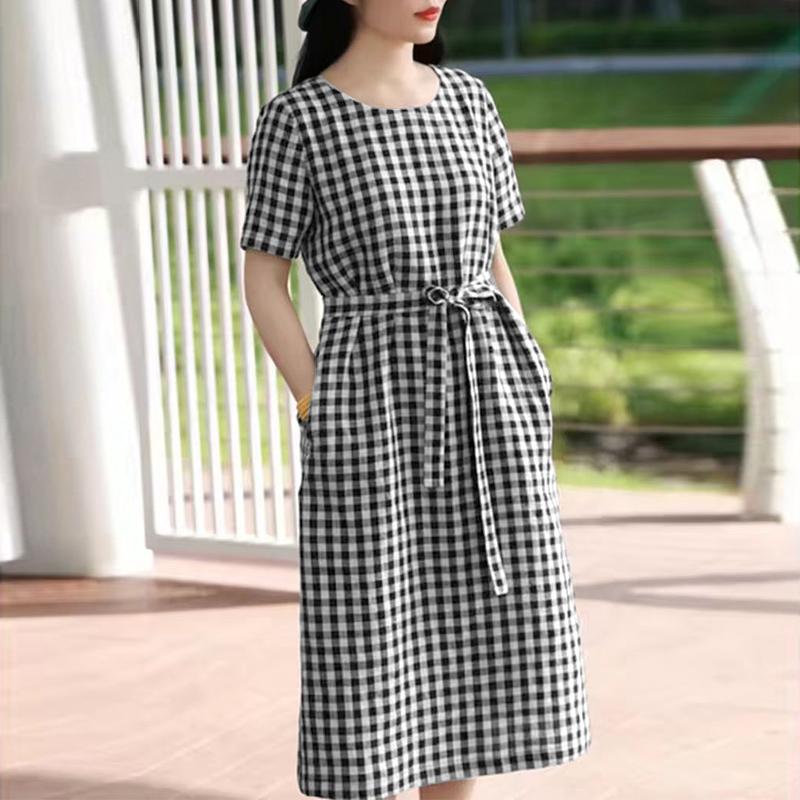 ZANZEA Damen Lässiges Rundhals-Kurzarmkleid mit Karomuster