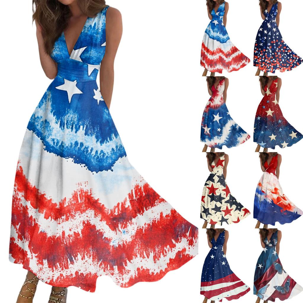 Women's Casual And Fashionable Independence Day Printed V-Neck Sleeveless Dress Dress