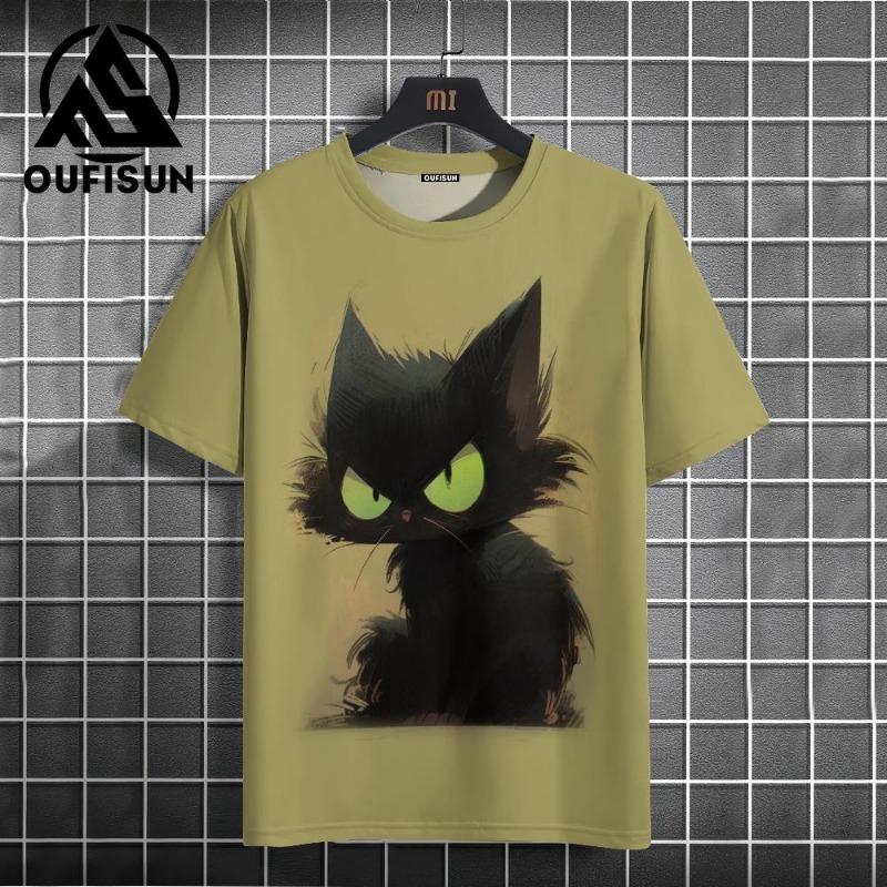 Letní pánské tričko Animal Cute Cat Print Crew Neck Krátký rukáv Tričko Street Trend Tops Nadměrné pánské oblečení Tričko pro muže