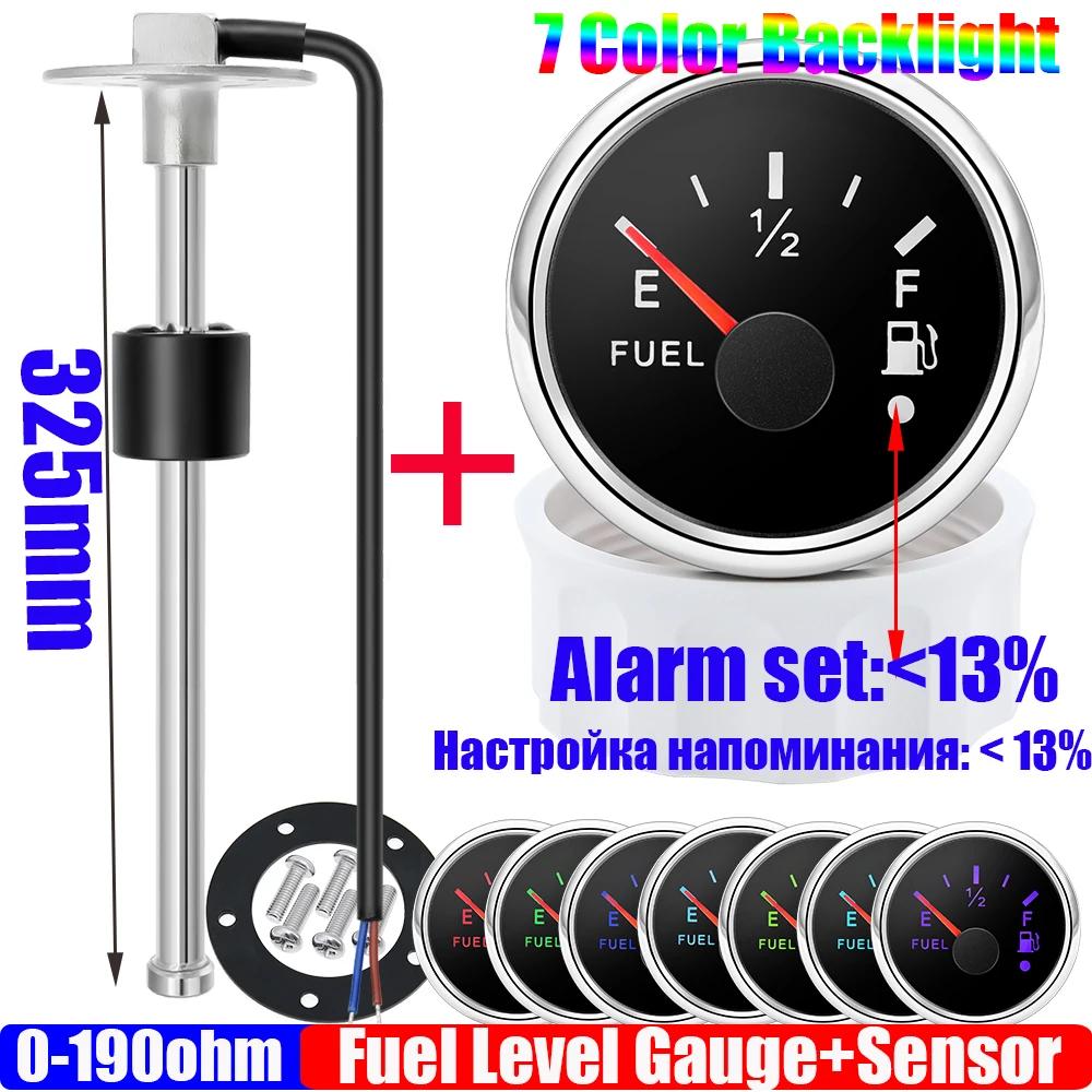 ZMFJH 2"52mm Fuel Level Gauge+Fuel Float Sensor 100-550mm 0-190 ohm Oil Tank Meter with Alarm 7 Color Light for Car Yacht 12V24V
