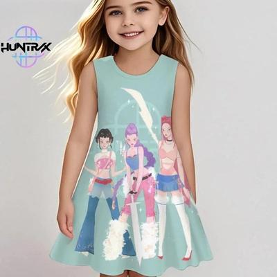 Kpop Demon Hunters Kids Dress Summer Girls Anime Cartoon Print Beach Dress Casual Sleepwear