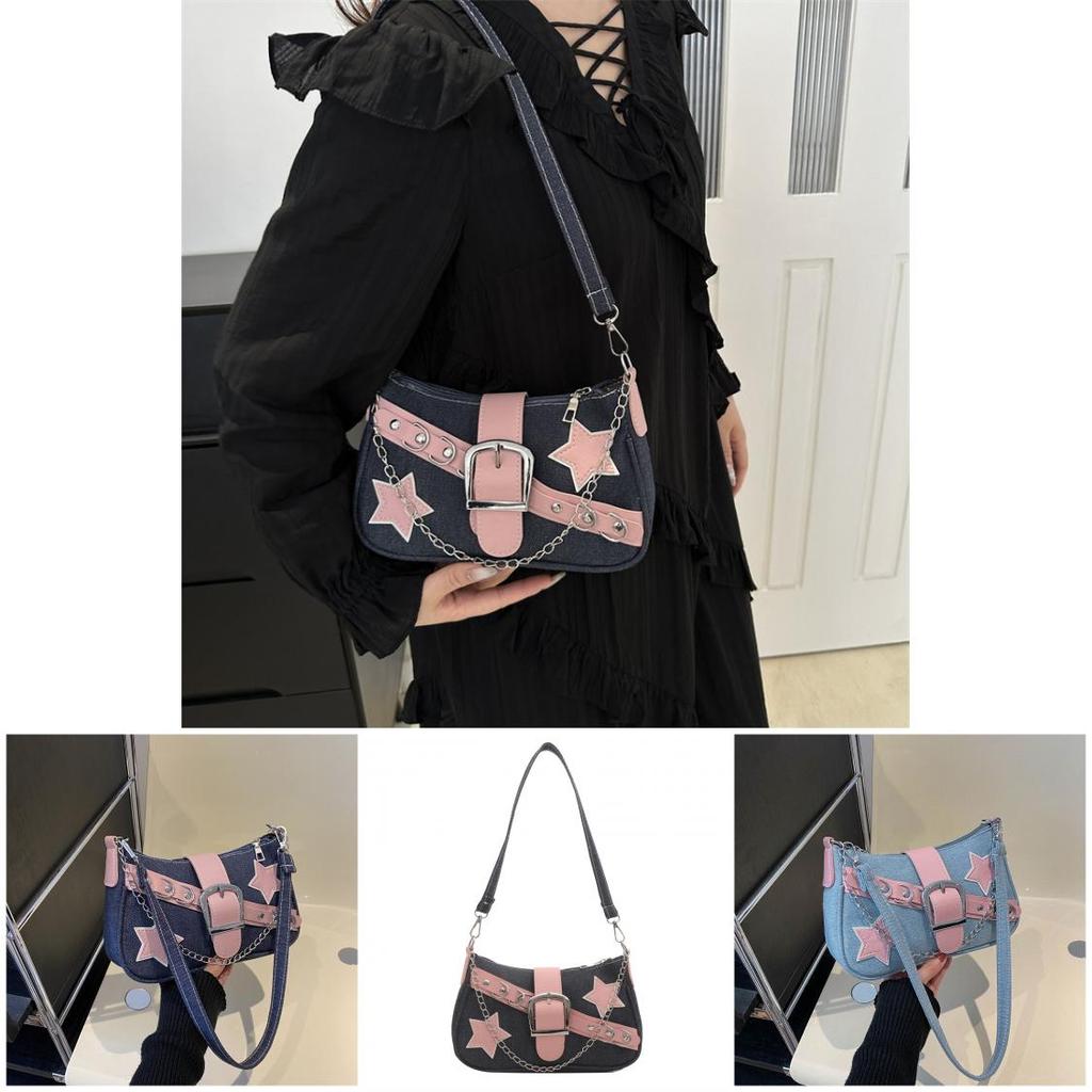 2024 Women's Spring Korean Style Armpit Bag Street Chic Denim Shoulder Bag Casual Small Square Bag Trendy Chain Bag Black