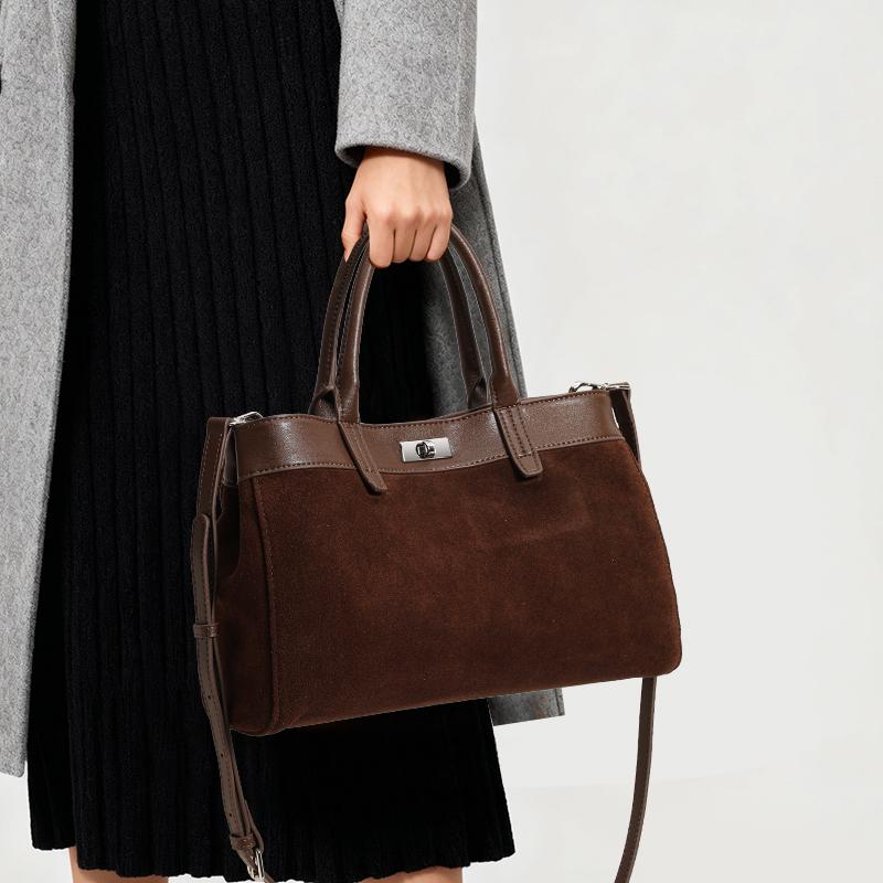 Women's Retro Suede Spliced Leather Tote Bag with Lock, Large Capacity Handbag & Crossbody Bag for Commute