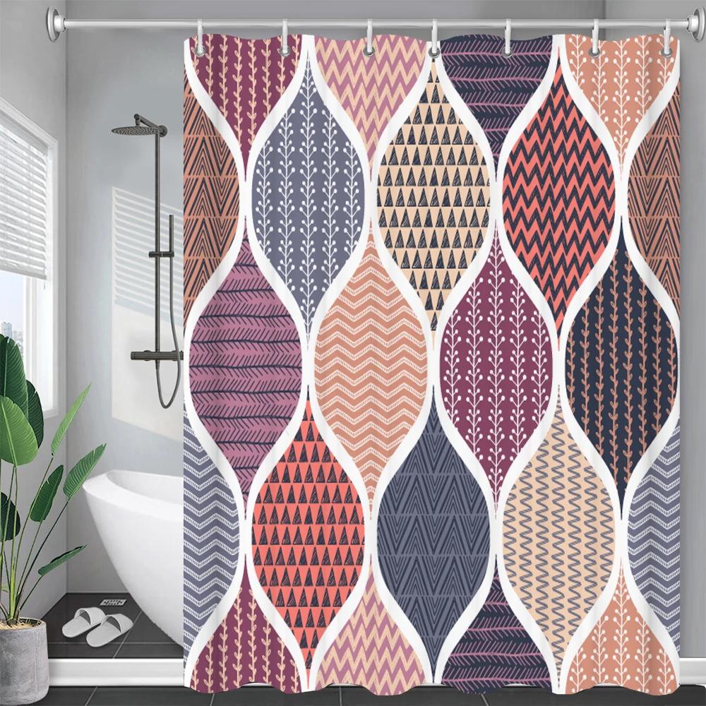 Boho téma Modré sprchové závěsy Koupelna Roztomilý 3D potisk Vodotěsná látka S háčky Geometrický vzor Dekorativní závěs do vany