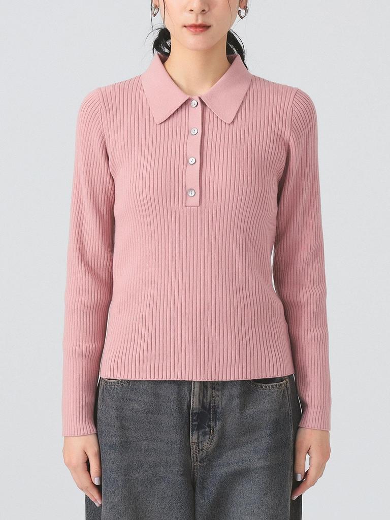 Ray Beams Women's L/S Knit Rib Knit Polo Shirt, Pink Free
