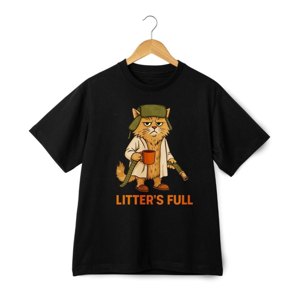 Litter’s Full Cat Parody Graphic T-Shirt Grumpy Cat Humor Unisex Streetwear Tee L