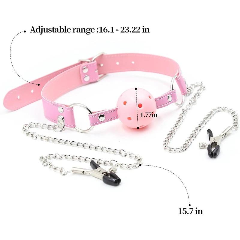 Breathable Pink Leather Bondage Gag Mouth Ball with Adjustable Metal Chain Nipple Clamps -Ultimate Pleasure for Adult Women