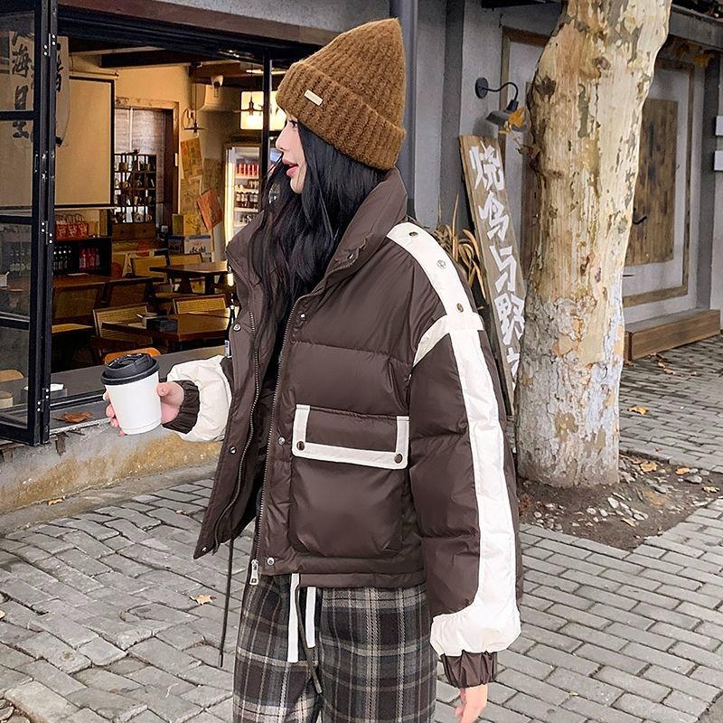 Winter PU Leather Jacket Stand Collar Short Loose Fit Sporty Padded Coat for Women