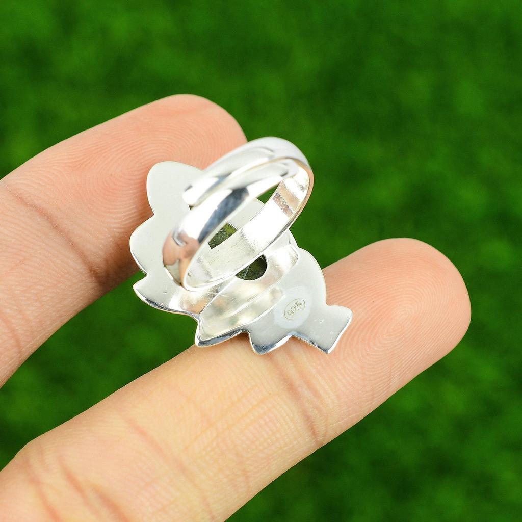 925 Silver Pear Natural Stichtite New Bezel Promise Cescent Moon Ethnic Ring