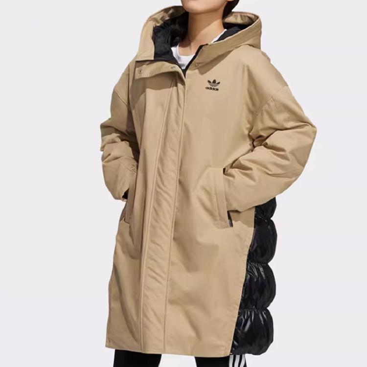 Adidas Originals Layered Parka Color Block Spliced Large Logo Mid-Length Hooded Down Jacket Women Outerwear Khaki HF1585