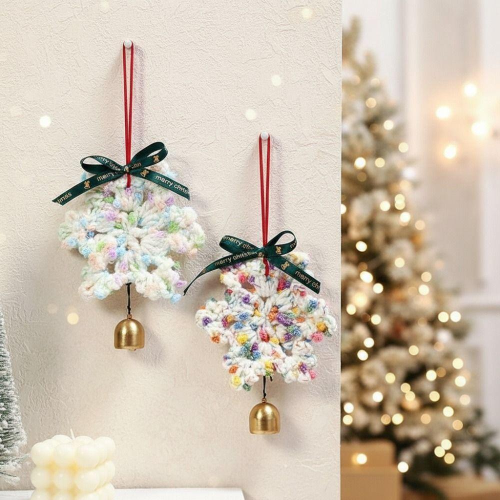 Hand-knitted Christmas Bell Pendant Creative 16cm Crochet Snowflake Pendant with Hanging Rope Ribbon Bow