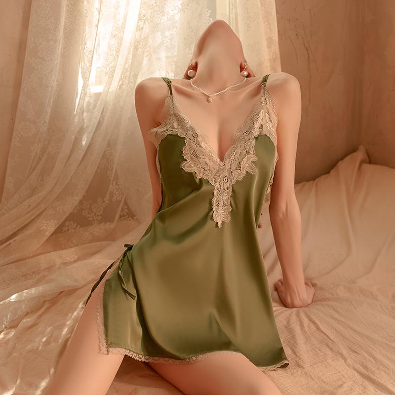 Summer Pajamas Set for Women Sexy Lace Satin Patches Solid Color Pajamas for Women Deep V Sexy Pajamas for Women