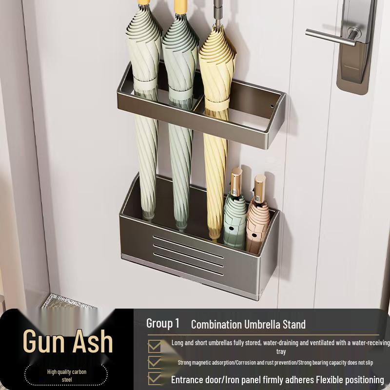 Wall-Mounted Magnetic Umbrella Rack with Water Drainage, No-Drill Installation for Home Entryway