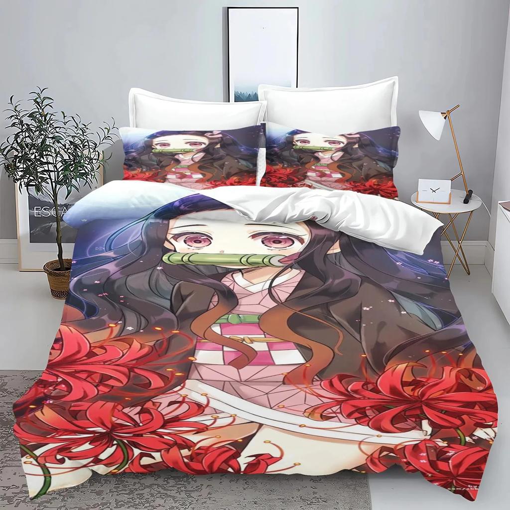 Demon Slayer Kimetsu no Yaiba kamado Nezuko Anime 100% Polyester Bettwäscheset Bettbezug-Set Gedruckte Cartoon Heimdekoration