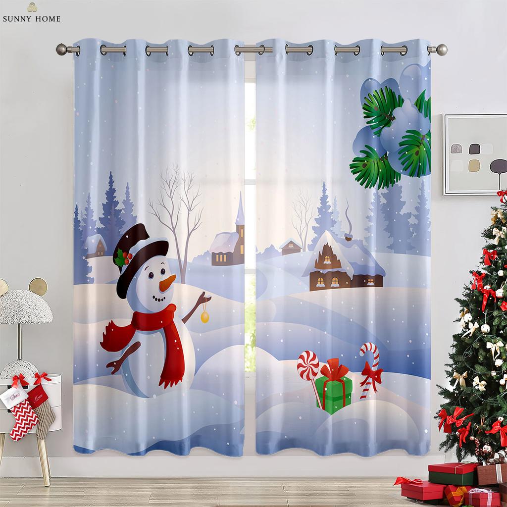 Cute Cartoon Snowman Christmas Decoration Curtains Bedroom Restaurant New Year Holiday Party Decoration Curtains 2 Pieces
