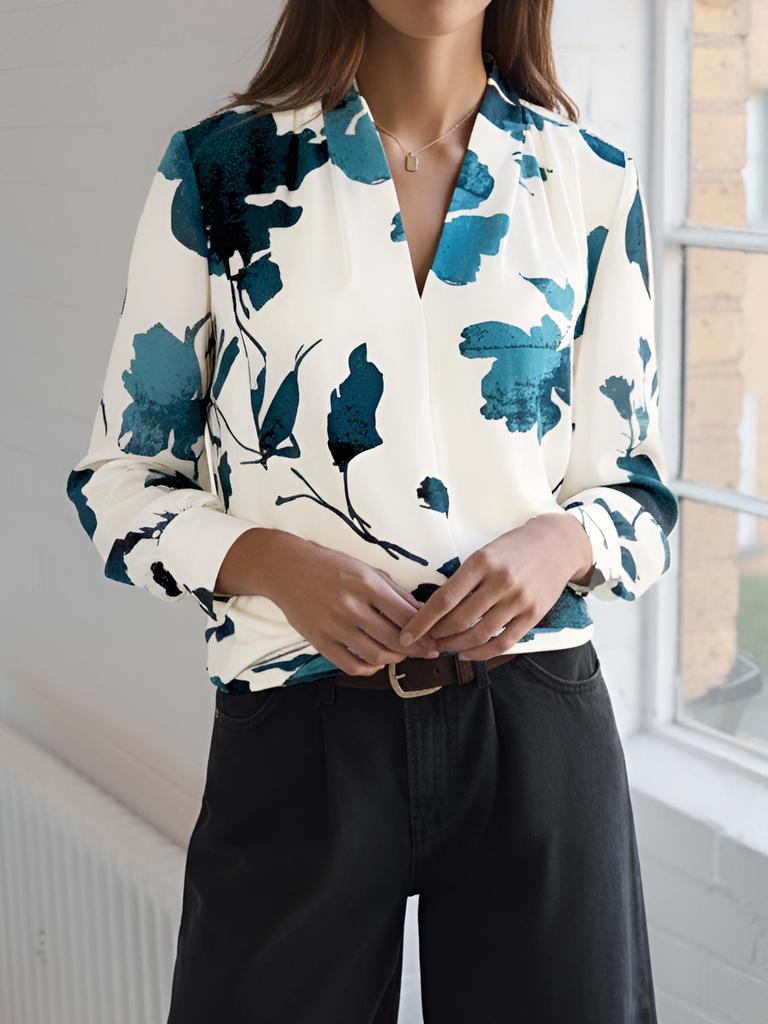 Elegant V-Neck Long-Sleeve Women's Shirt with Floral Print