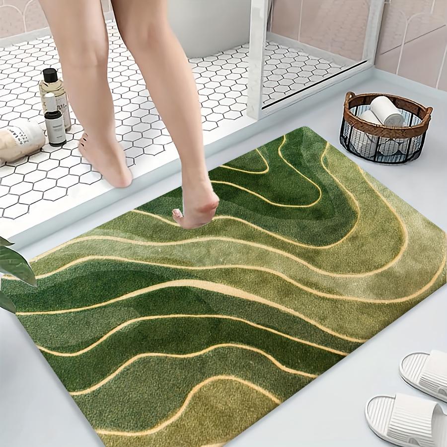 Green Minimalist Wave Bath Mat, Soft Flannel Non-Slip Rug, Printed Carpet for Bathroom, Living Room, Kitchen, Modern Home Decor