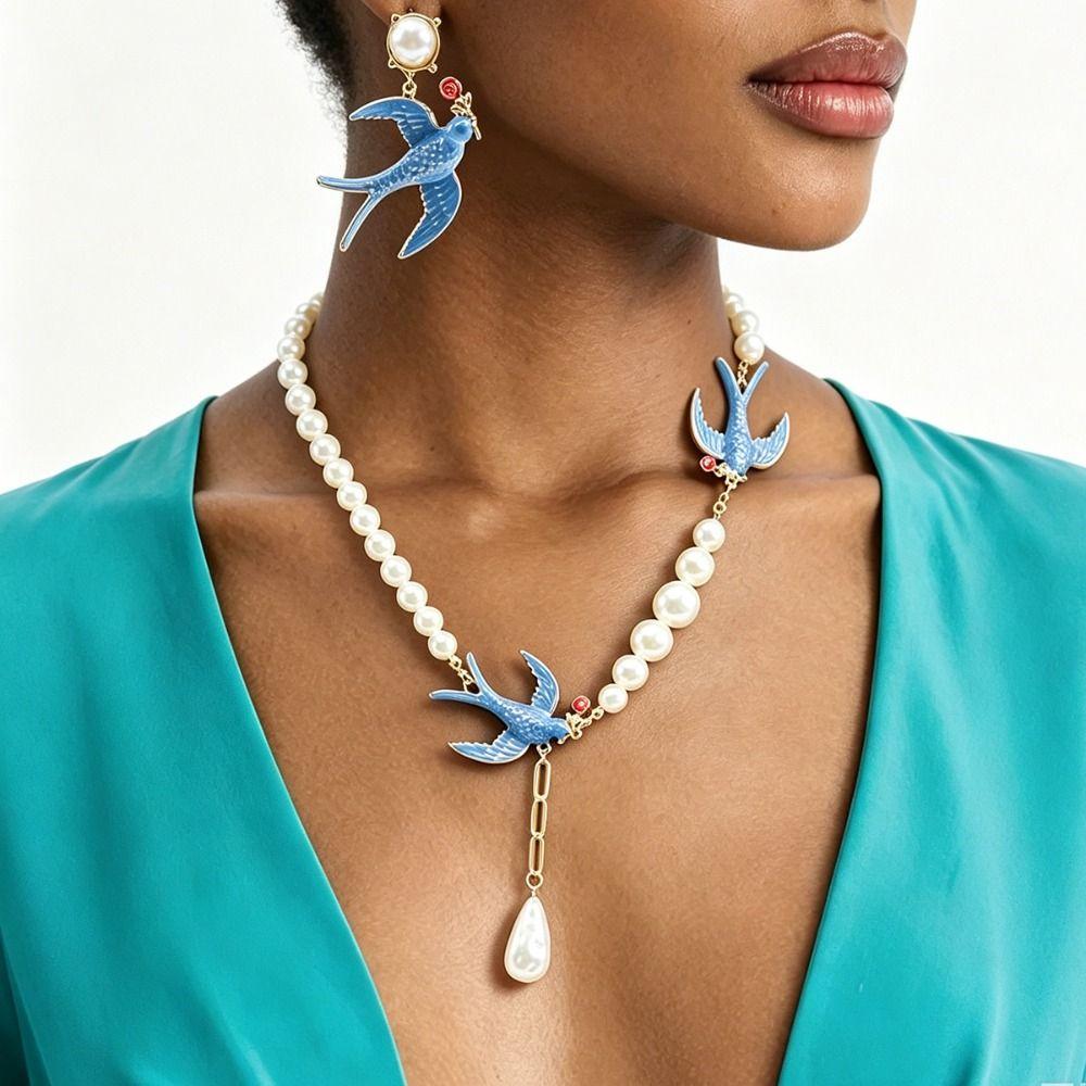 Beads Blue Enamel Swallow Necklace Bird Women's Jewelry Set Luxury Geometric Earrings Evening