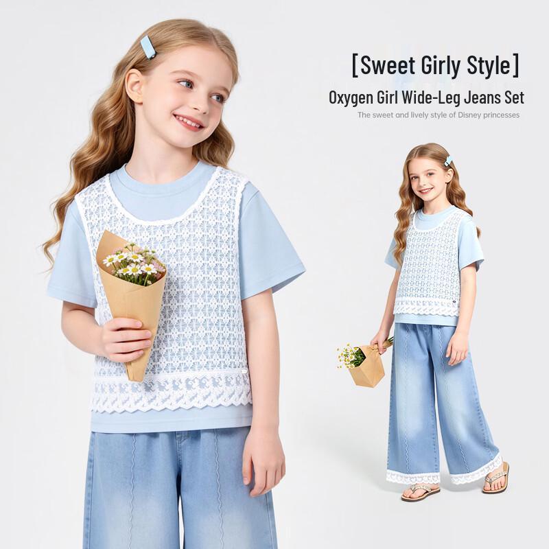 Disney Girls' Faux 2-Piece Lace Top & Denim Pants Set