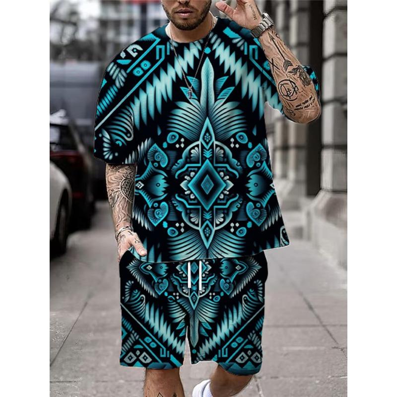 2025 New Summer Men's Short Sleeve Shorts Set Street Everyday Casual Men's T-Shirt Outdoor Fashion Loose Shorts Bohemian Print