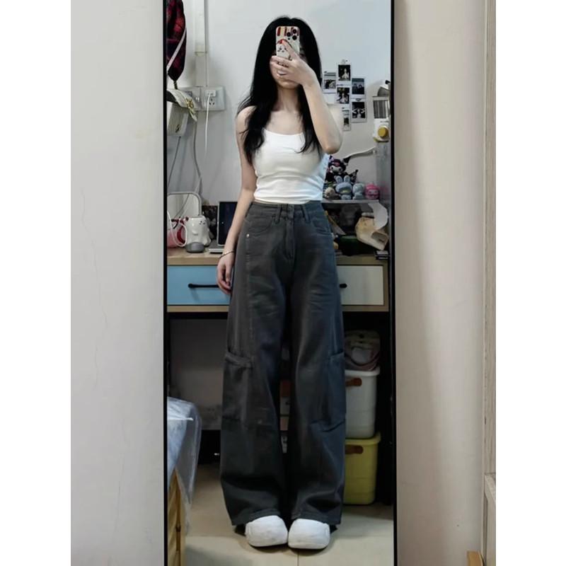 Women s High-Waist Gray Wide-Leg Jeans - Summer Retro Slimming Straight-Leg Pants M